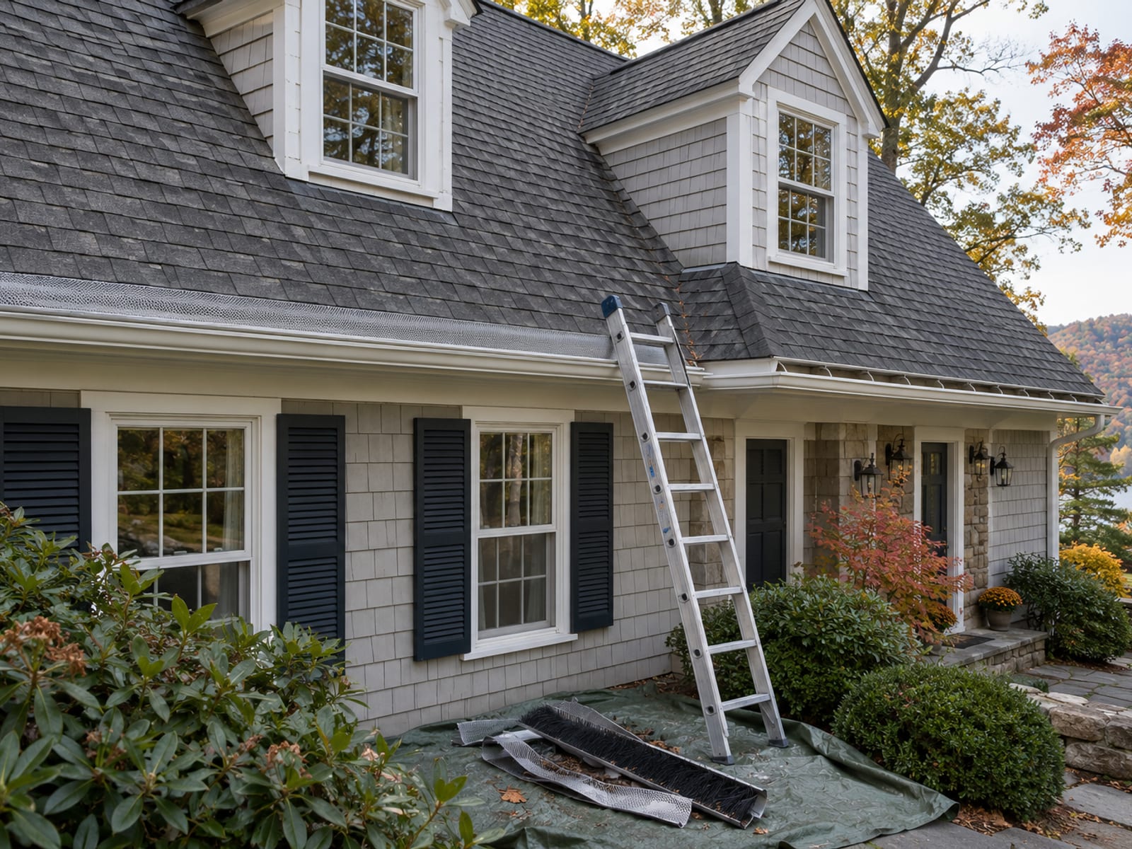 Cape house with dormers and an inside corner, micro-mesh guards installed on the left gutter run and bare open gutter on the right, with an extension ladder resting against the wall