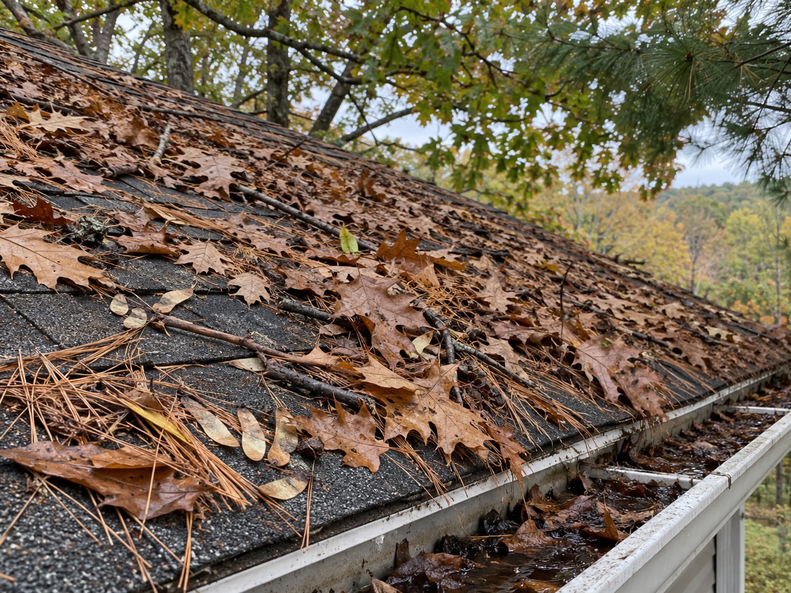 Shingle roof slope covered with oak leaves, pine needles, seed pods and twigs funneling toward an open gutter at the edge, with branches overhead