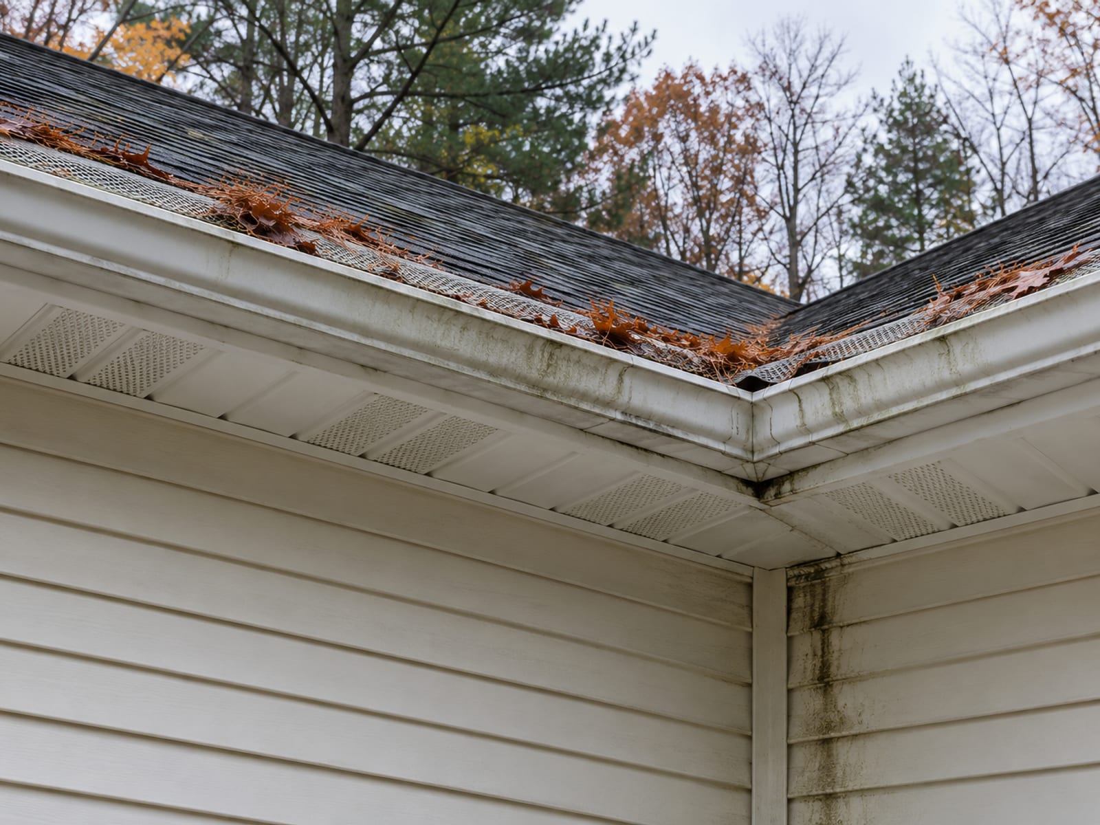 Upward view from the ground of a guarded gutter along an eave with a slightly sagging section, wet leaves on the guard and a dark stain on the siding below a corner
