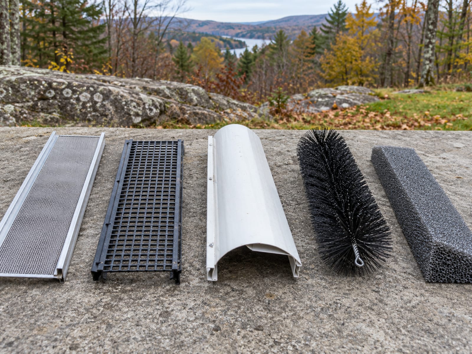 Five gutter guard samples laid in a row on a concrete slab: fine micro-mesh, coarse screen, solid reverse-curve hood, bristle brush and gray foam insert