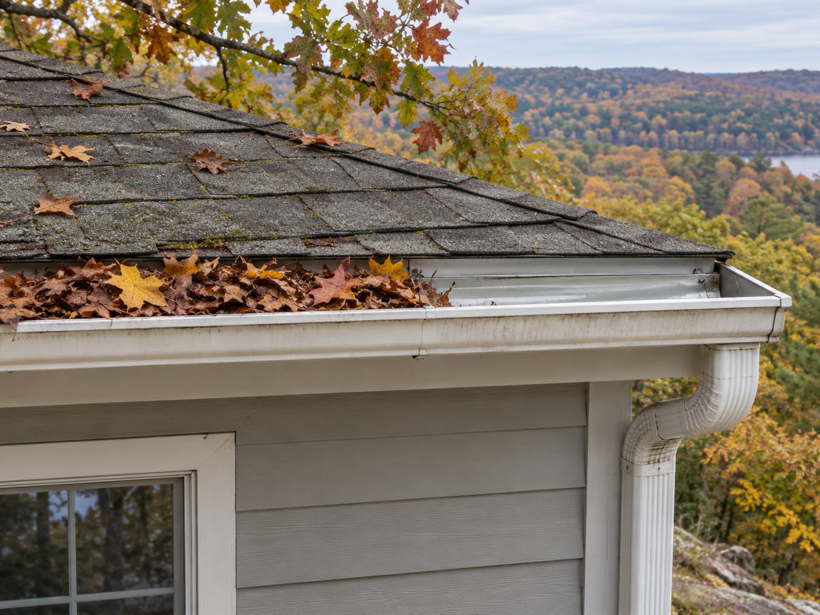 Gutter along a shingled roof edge filled with autumn leaves beside a clear downspout opening