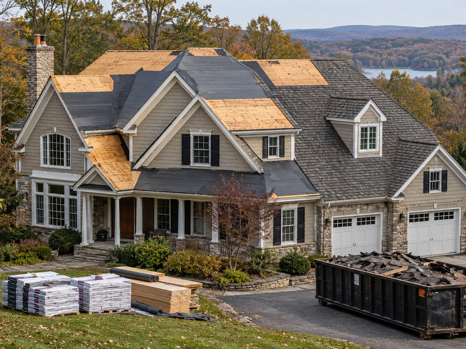Multi-gable two-story house with half its roof stripped to the deck and a dumpster of old shingles in the driveway