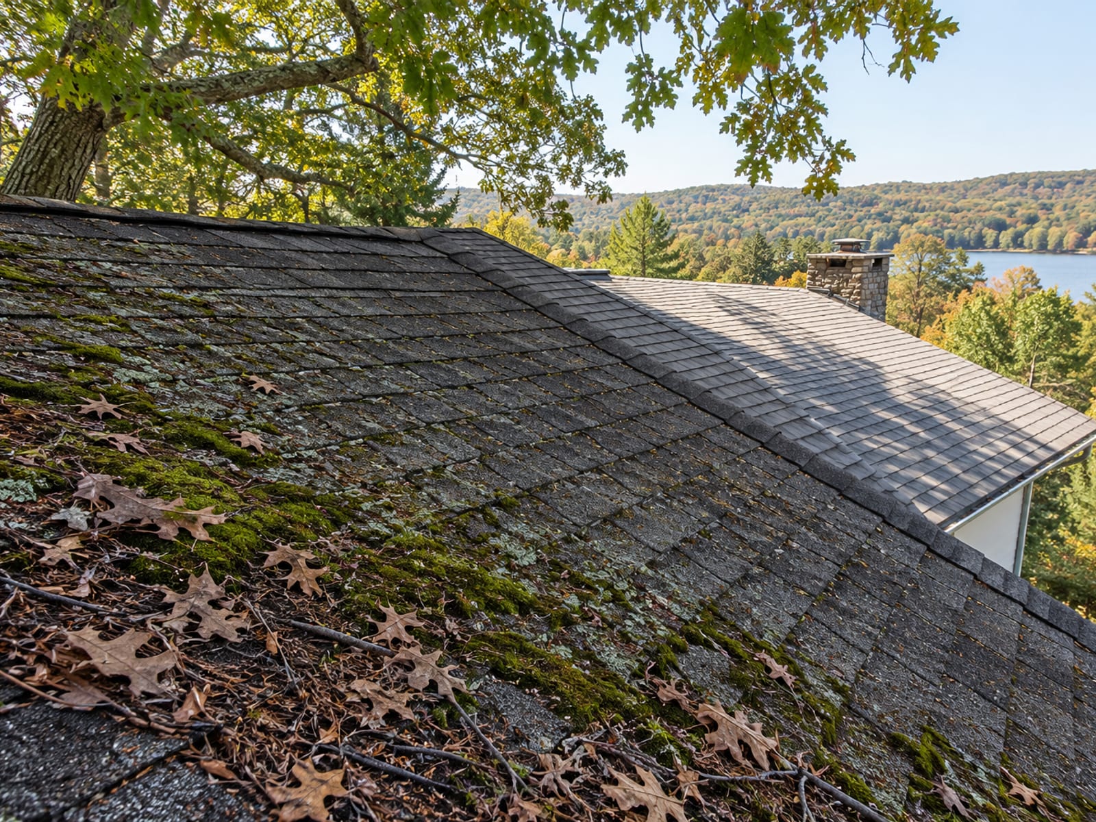 North-facing asphalt shingle slope shaded by oak branches with green moss and leaf debris