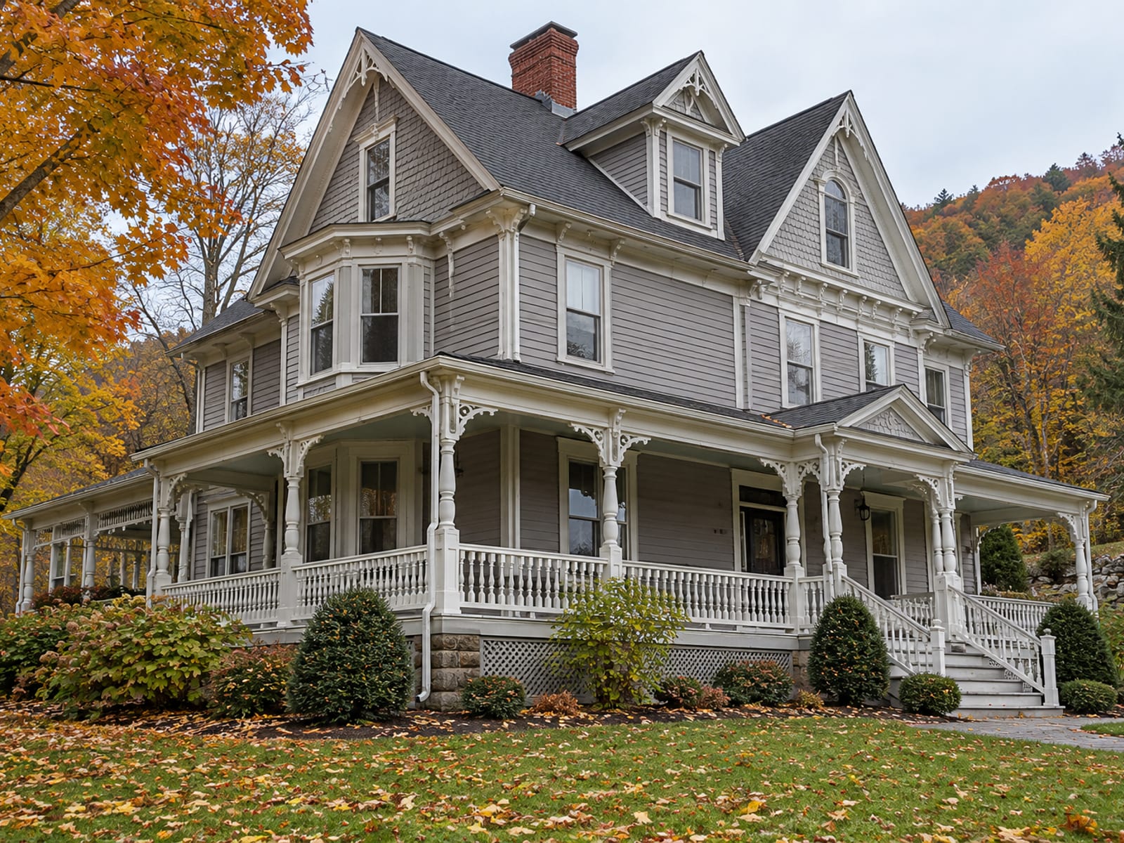 Casa victoriana grande con varios frontones, buhardillas y un porche envolvente vista desde una esquina baja en otoño