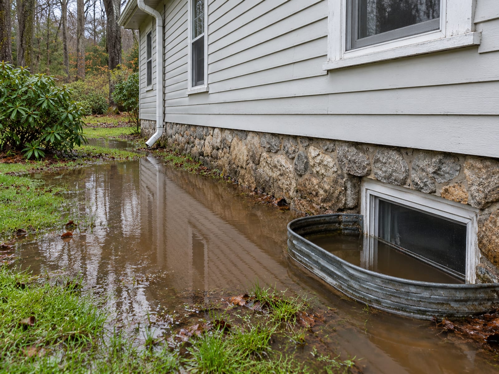 Standing rainwater pooled on a lawn against the stone foundation of a house with a window well partly filled with water