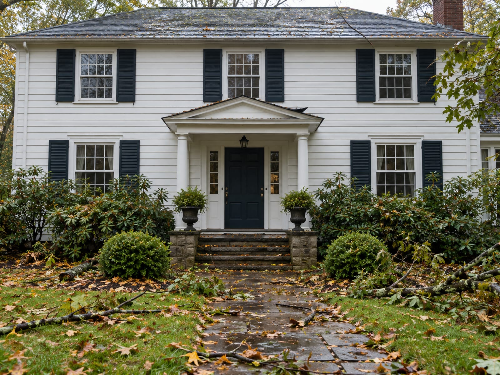 Front of a colonial house with a closed front door, covered stoop and wet leaves and fallen branches on the walkway and lawn after a storm