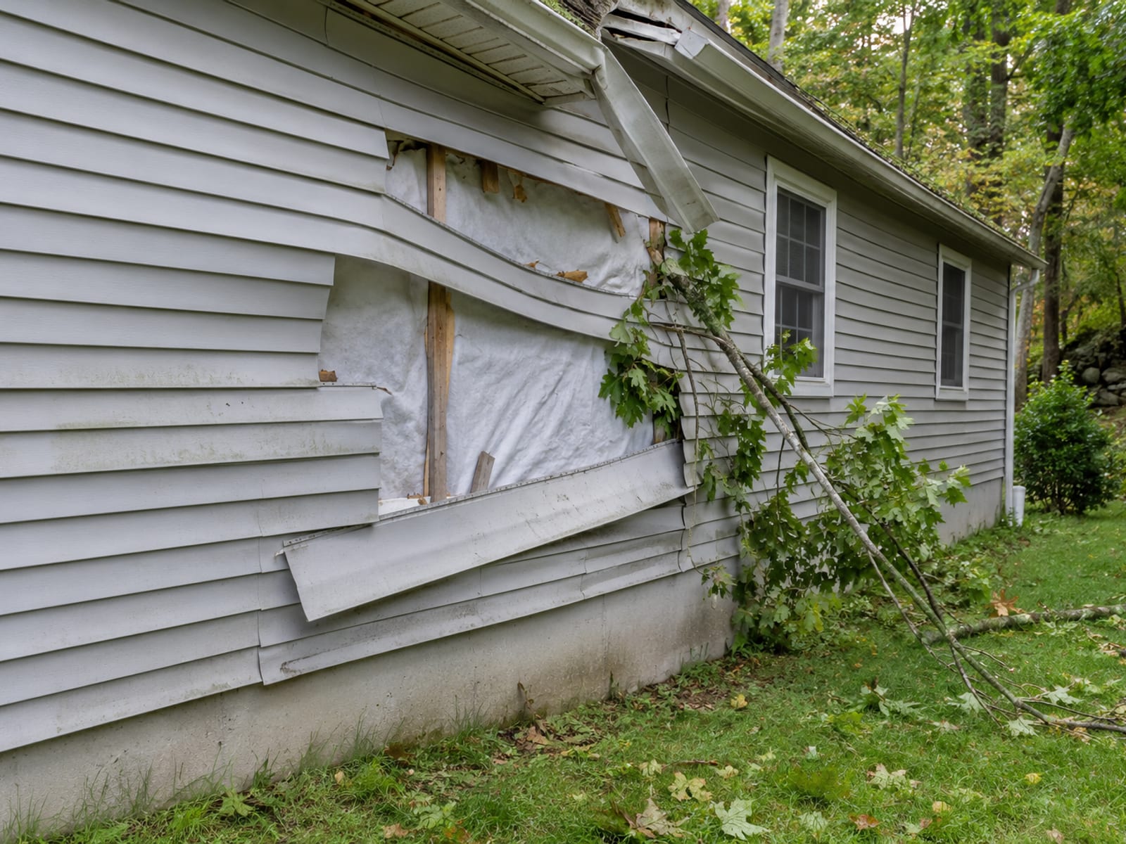 Vinyl siding panels peeled loose and hanging from a house wall beside a bent gutter and a fallen small tree limb
