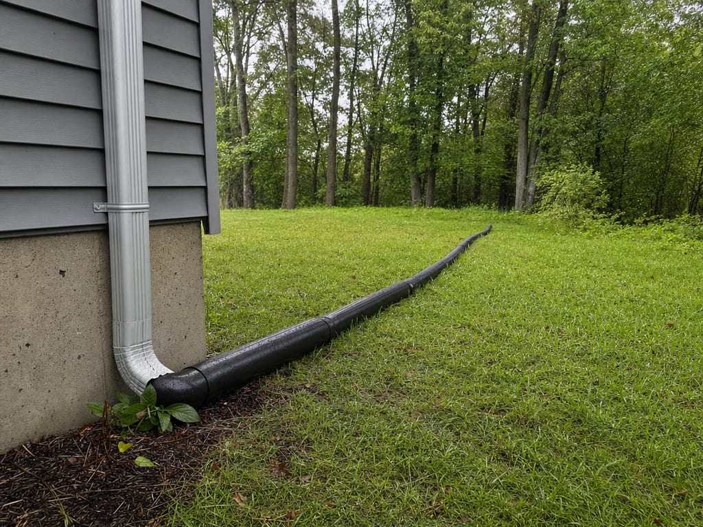 A downspout connected to a rigid extension carrying water across a lawn away from the house
