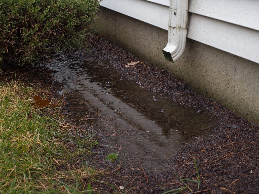 Water pooling against a home foundation after a rainstorm