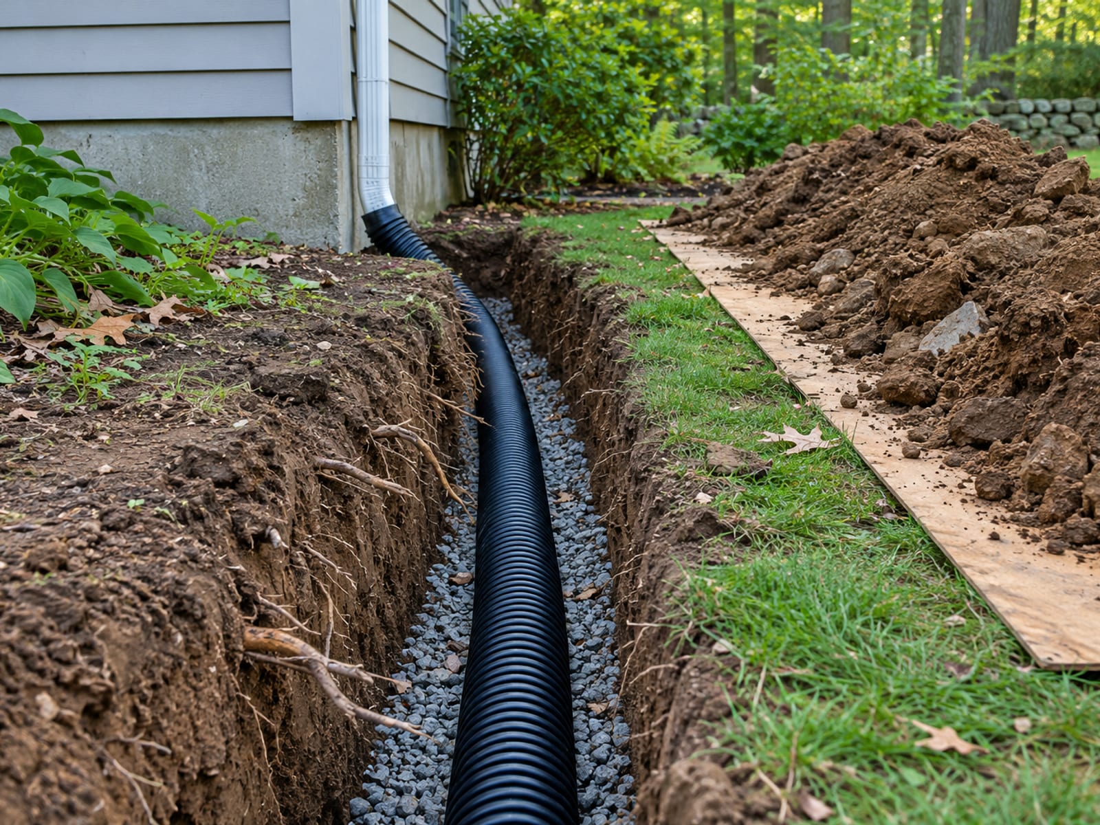 Open trench across a lawn with black corrugated drain pipe laid in a bed of gravel, with a mound of soil on a plywood sheet and tree roots exposed at one side