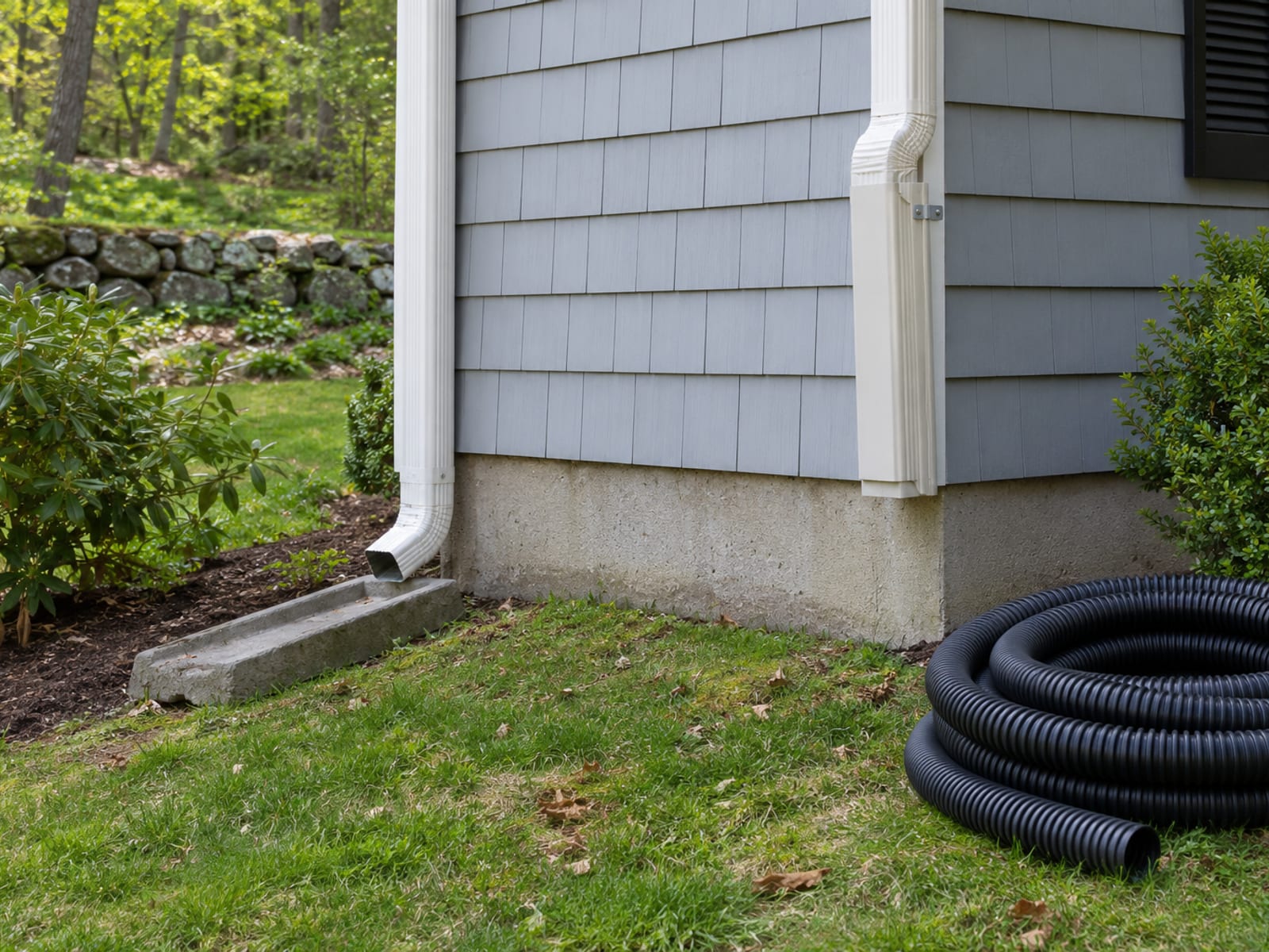 Concrete splash block under a downspout beside a flip-up extension raised against the wall and a coil of black corrugated drain pipe on the lawn
