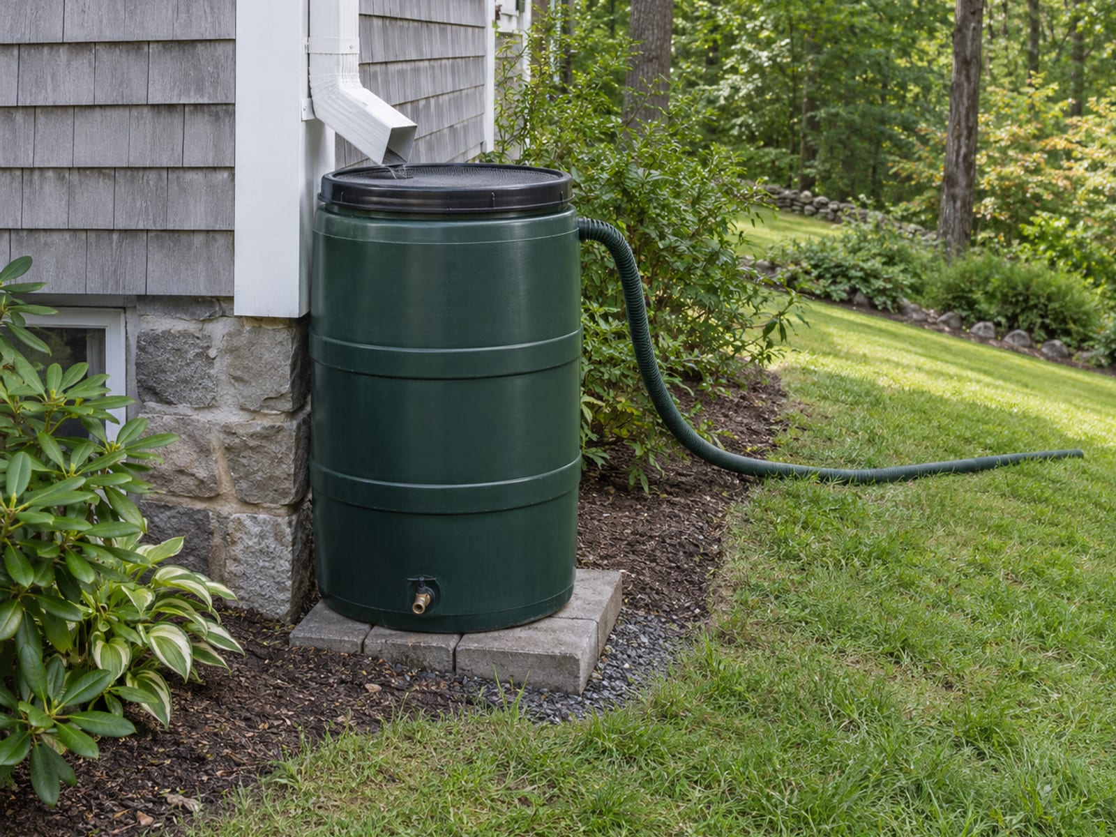 Rain barrel with a screened lid on a paver base under a downspout, with an overflow hose leading across the lawn away from the house