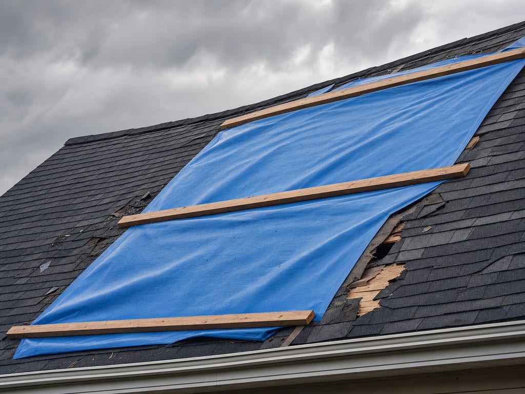 A blue emergency tarp secured over a storm-damaged section of an asphalt shingle roof