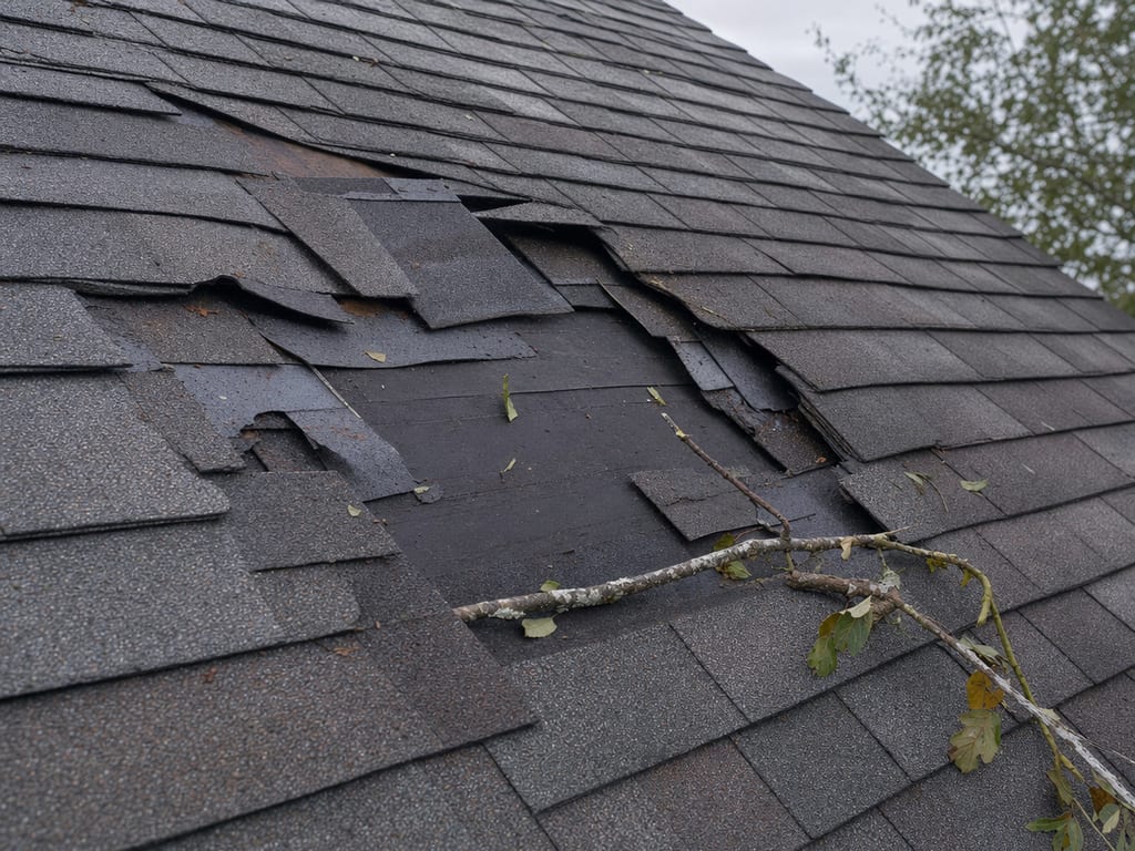 Wind-torn shingles and a fallen branch on a storm-damaged roof
