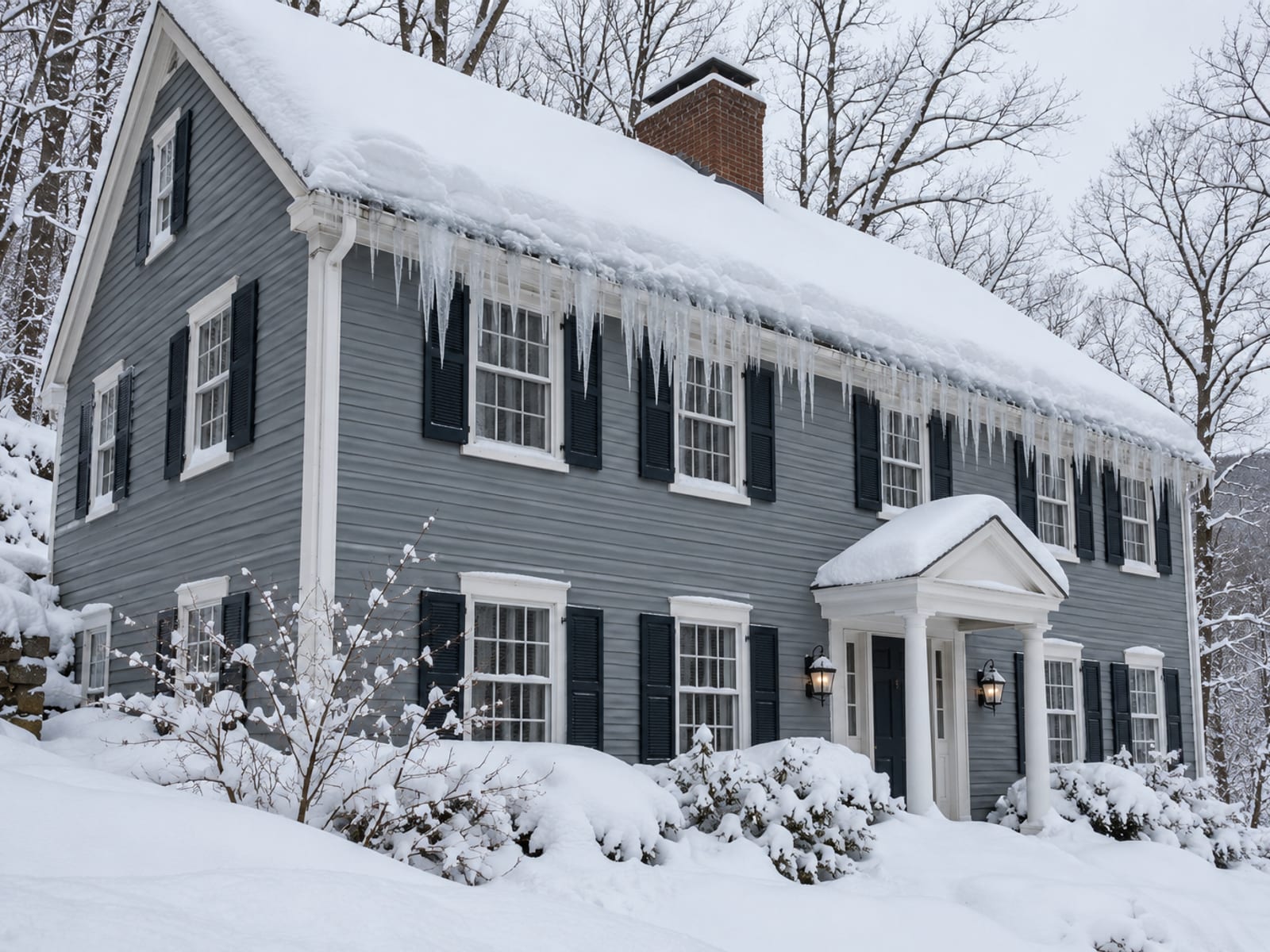 Snow covered colonial roof with a thick ice dam and long icicles hanging along the eave, bare trees around the house