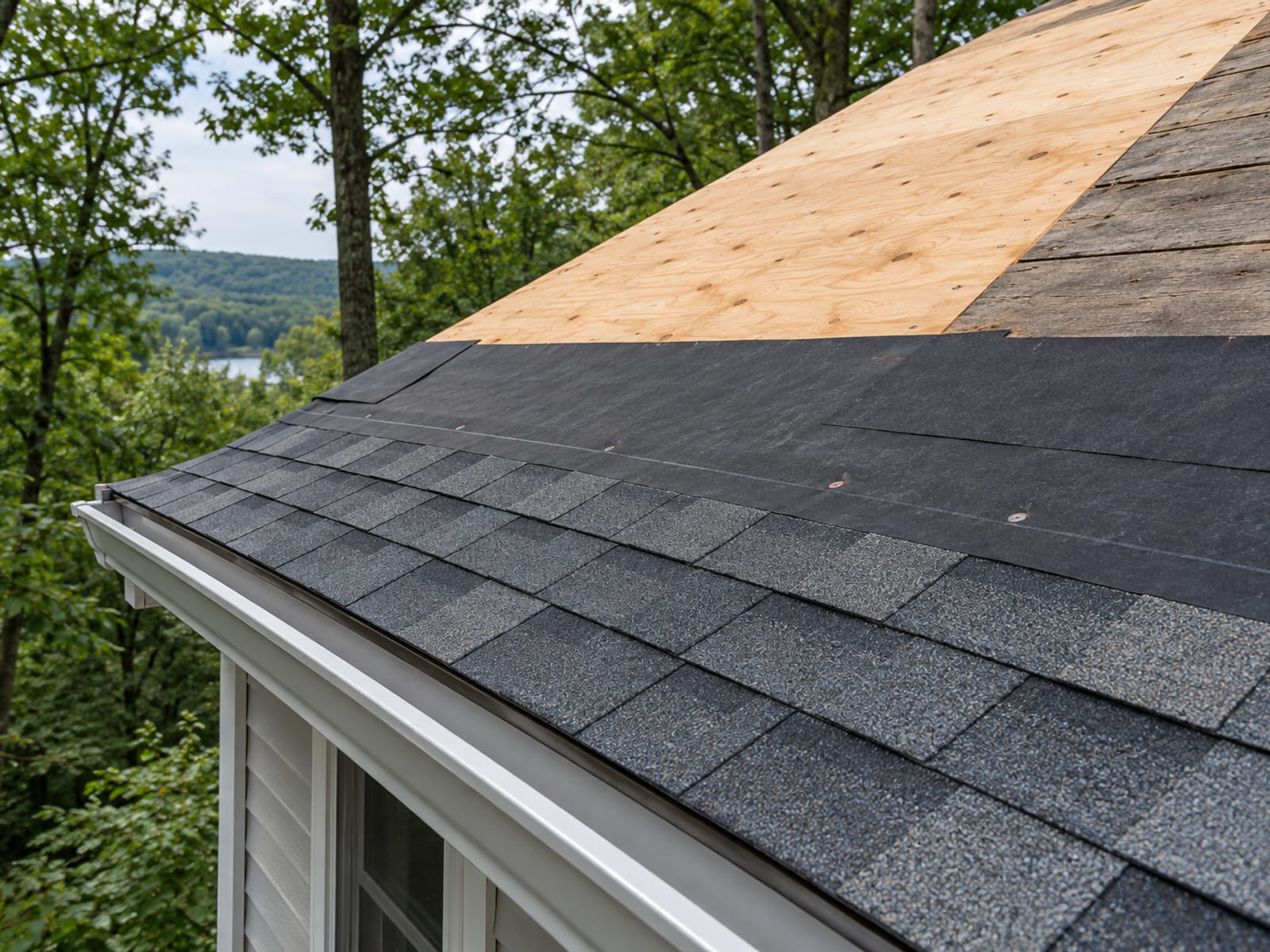 Roof slope with a patch of new plywood decking, synthetic underlayment and fresh shingles starting from the eave