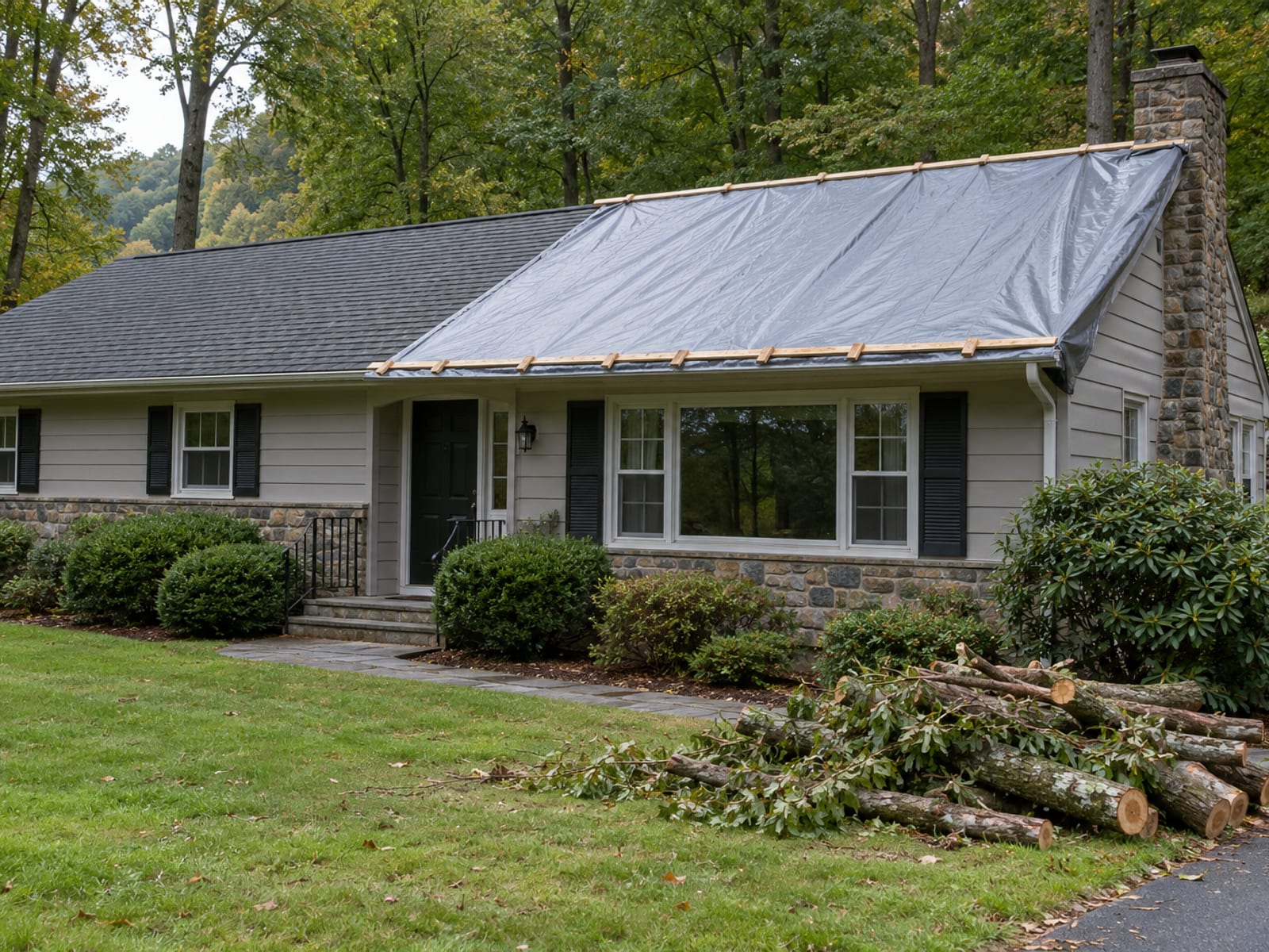 Ranch house roof slope covered by a secured gray tarp held down with wood battens, seen from the lawn with trees behind