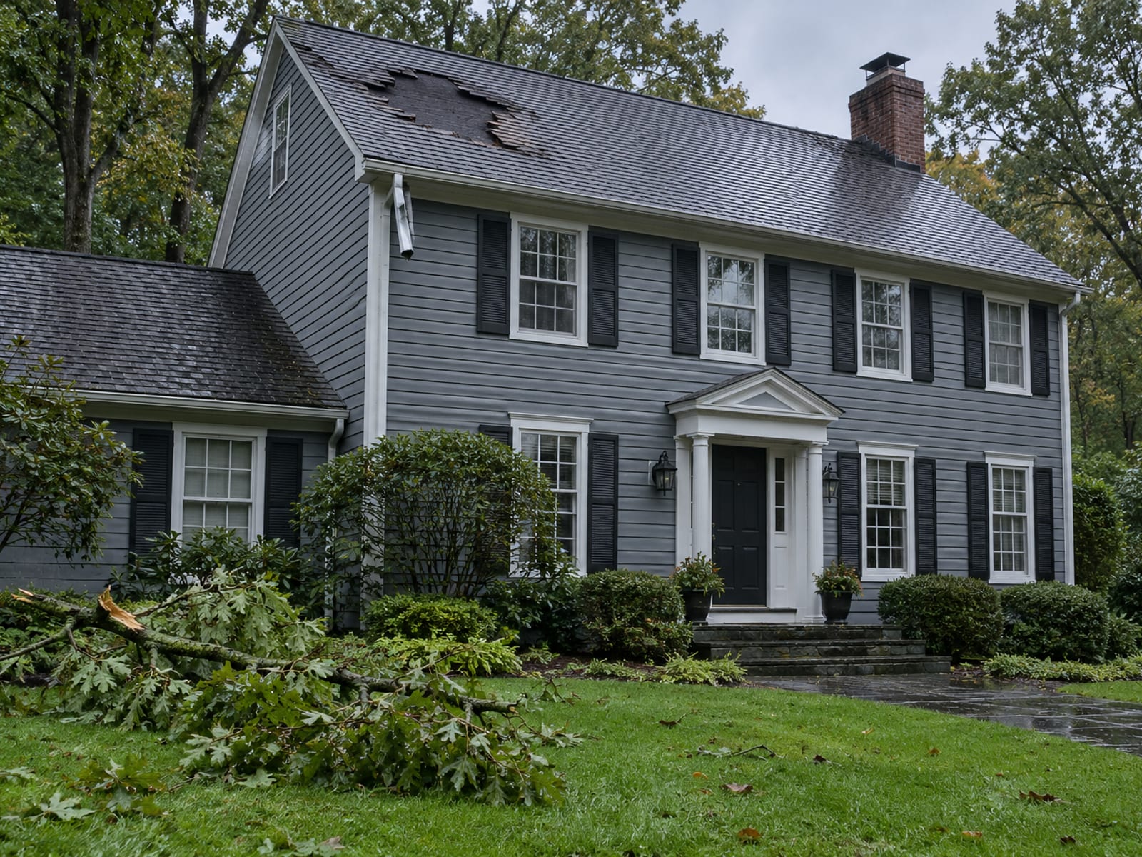 Colonial roof with a patch of missing shingles and a fallen tree branch on the lawn below after a storm