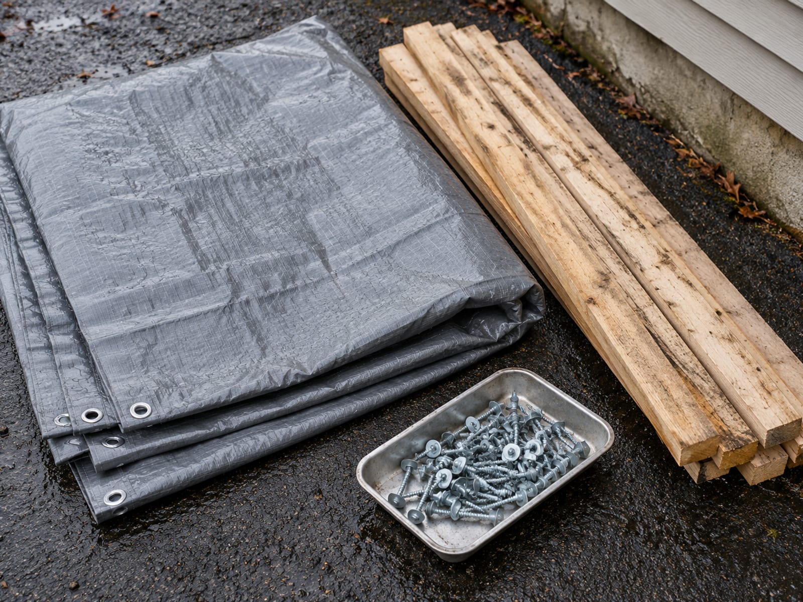 Folded gray heavy-duty tarp, wooden furring strips and loose washer head screws laid out on a driveway