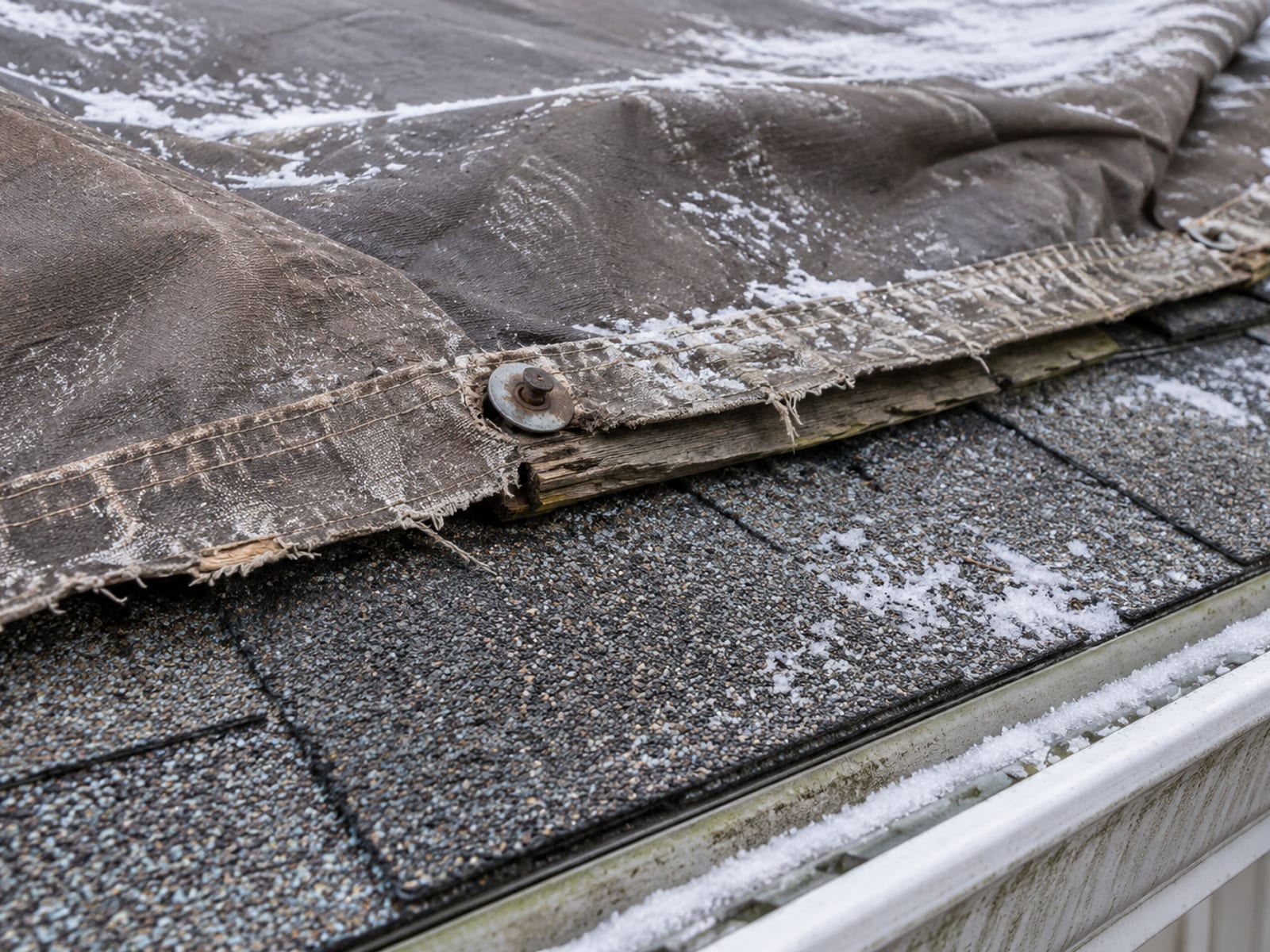 Close view of a faded tarp edge with frayed hem and a pulled fastener on a snow dusted shingle roof