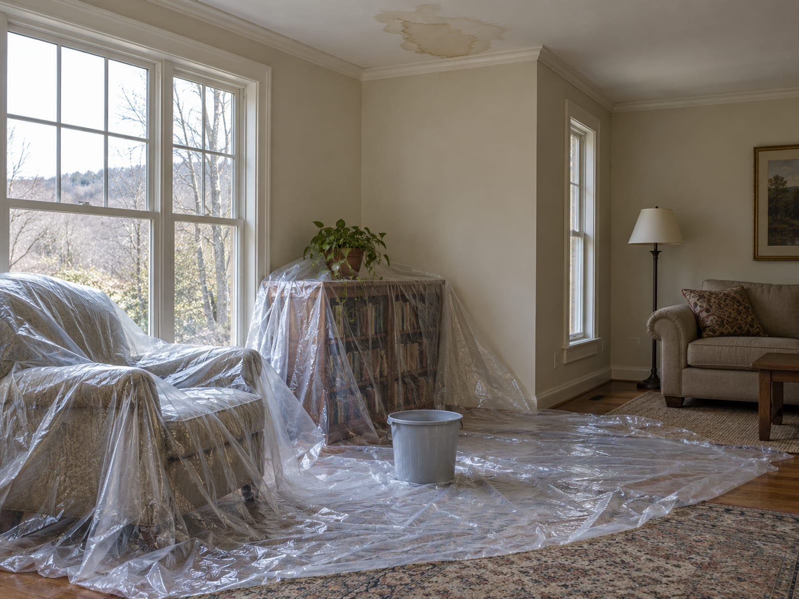 Living room corner with an armchair and bookcase covered by clear plastic sheeting and a bucket on a plastic covered floor