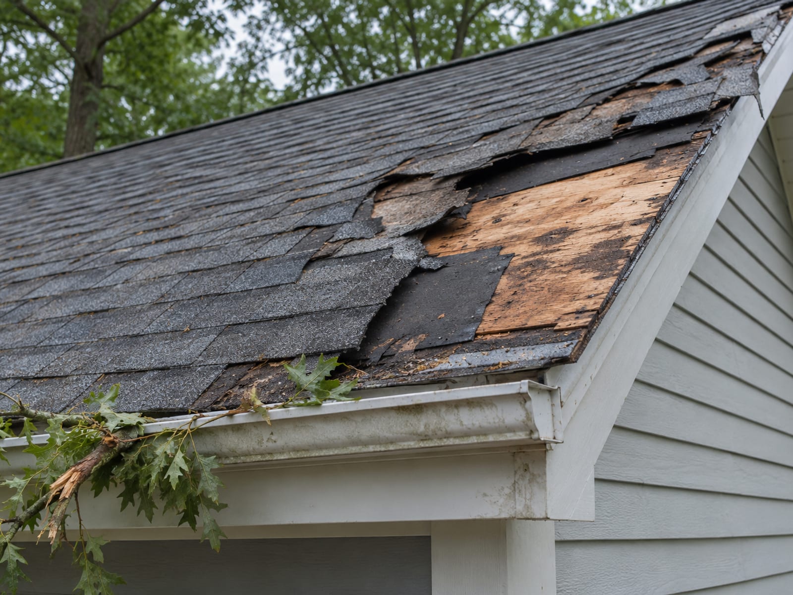 Gable roof edge with torn away shingles exposing plywood decking and a fallen branch beneath