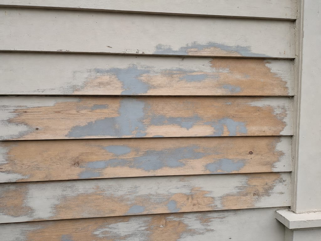 Exterior clapboard scraped and spot-primed, ready for new paint