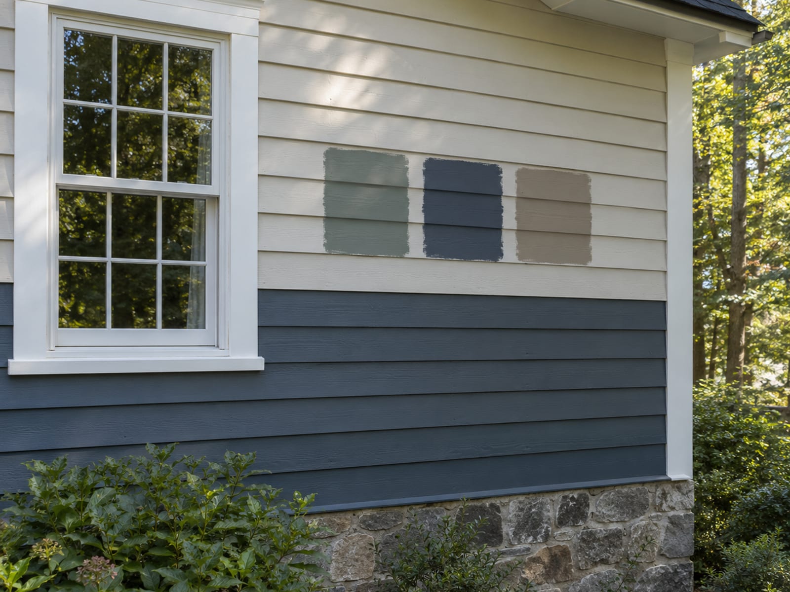 Three painted color test patches on gray clapboard siding beside white trim, with stone foundation and shrubs beneath