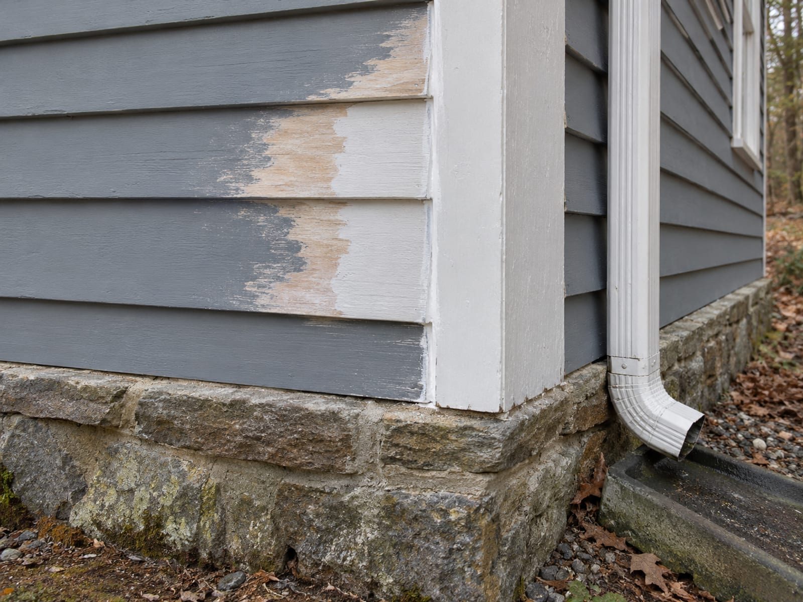 Close view of clapboard siding with scraped edges feathered smooth, a primed bare wood patch and fresh caulk in a corner joint