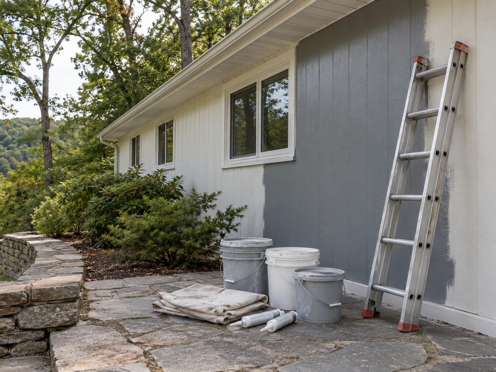 Unlabeled paint and primer buckets with a folded drop cloth and a closed ladder leaning on the side of a gray ranch house