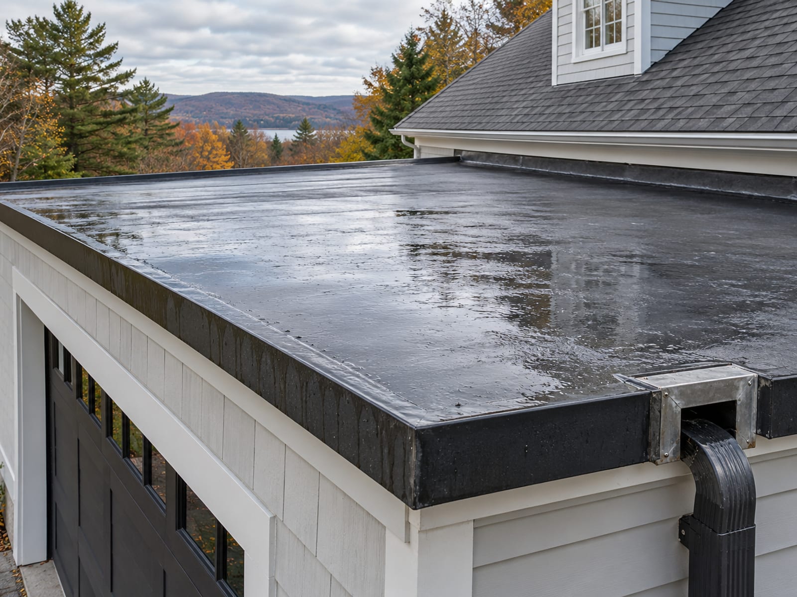Black rubber membrane garage roof sloping gently toward a metal scupper and downspout, with damp surface after rain