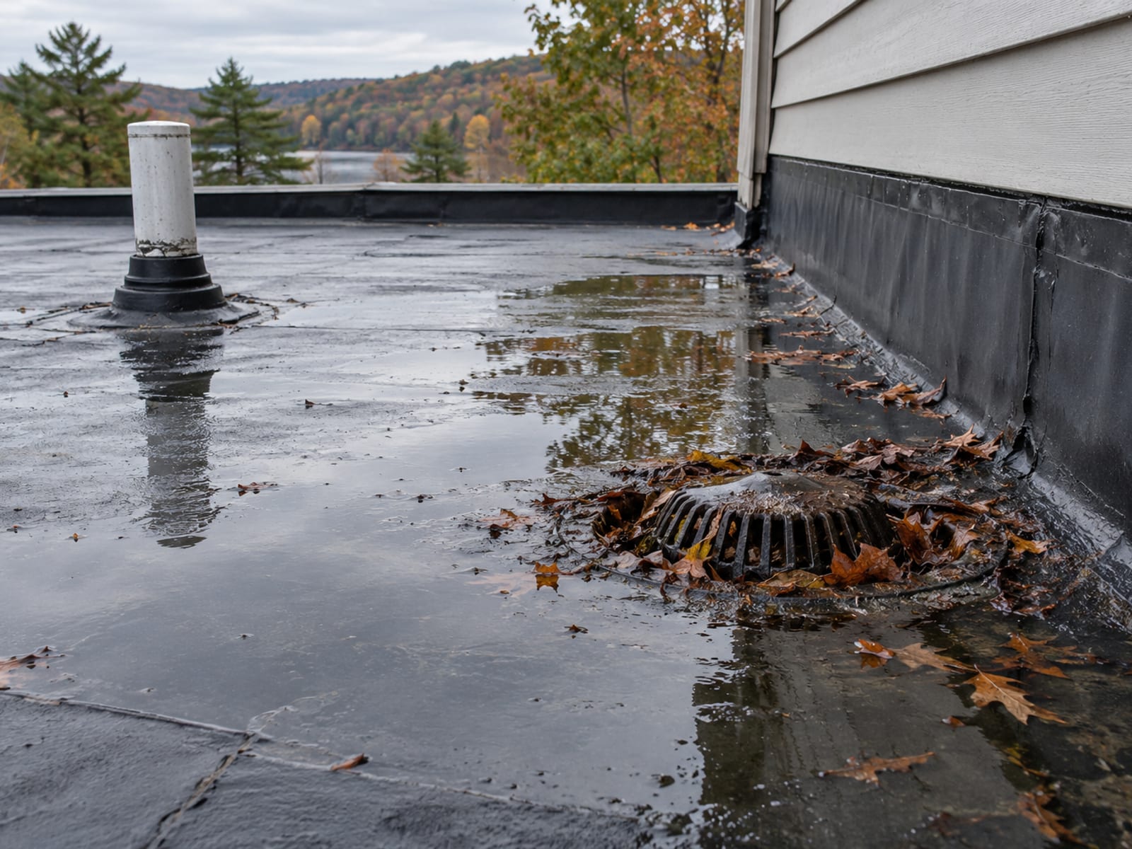 Shallow puddle of standing water on a membrane porch roof beside a wall flashing, with leaves gathered at a drain
