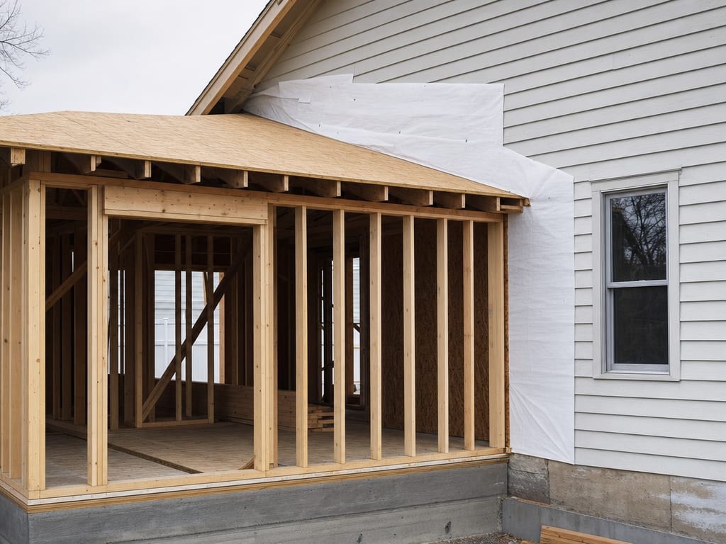 A residential home addition under construction with new framing and roof sheathing
