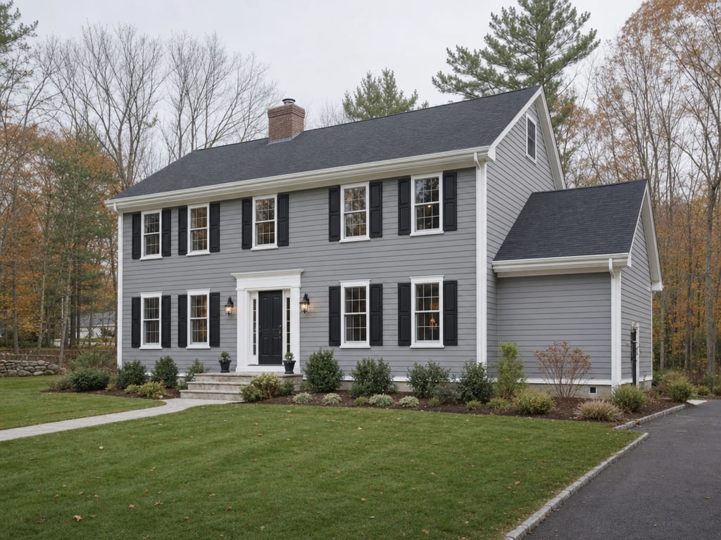 A completed, freshly renovated New England colonial home exterior