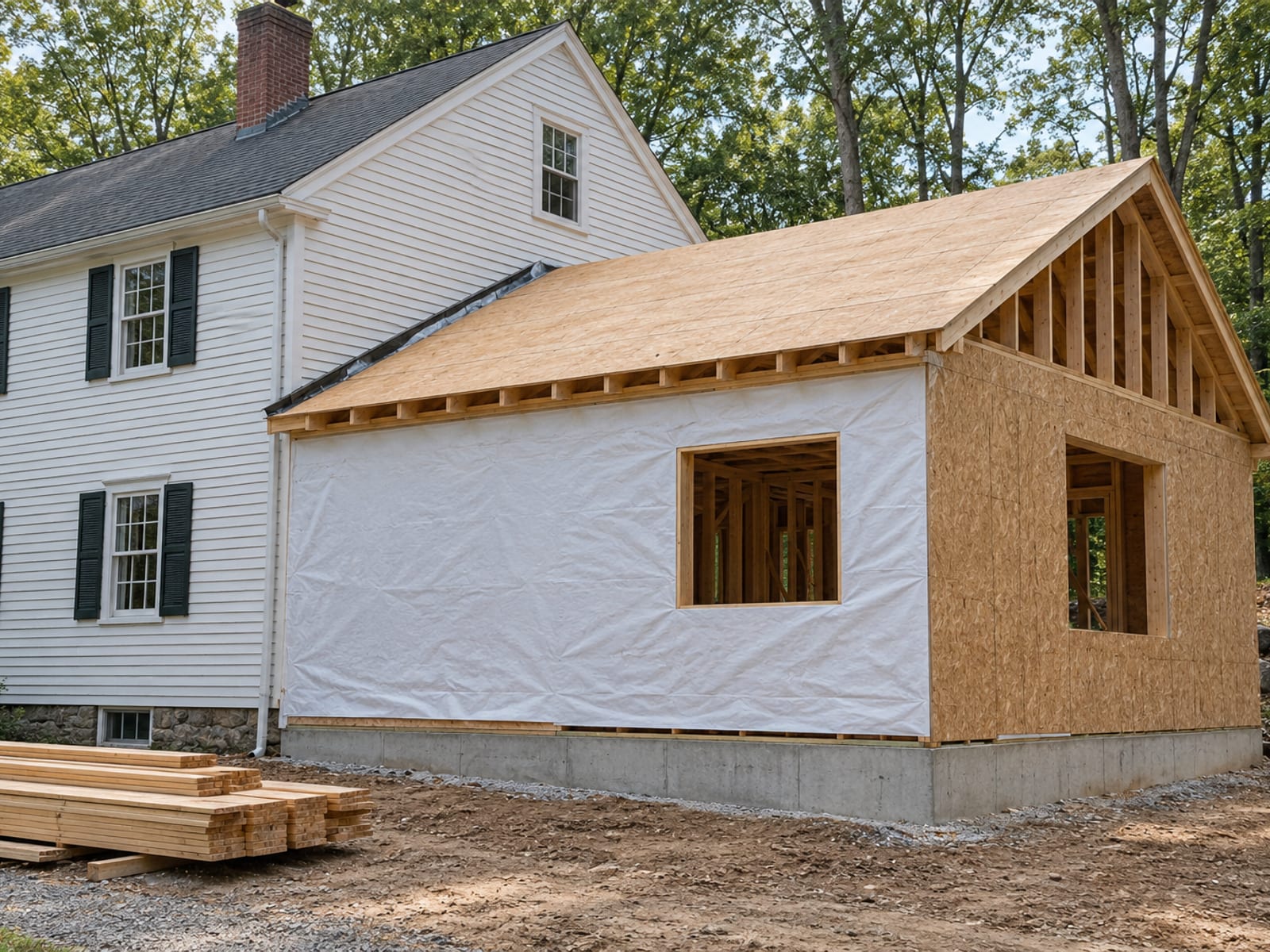 Wood framed house addition with sheathed walls, open stud bays and house wrap partly applied beside an older colonial