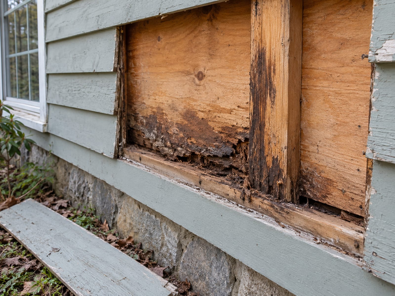 Wall section with siding removed showing dark rotted sheathing and a stained framing member above a sound foundation