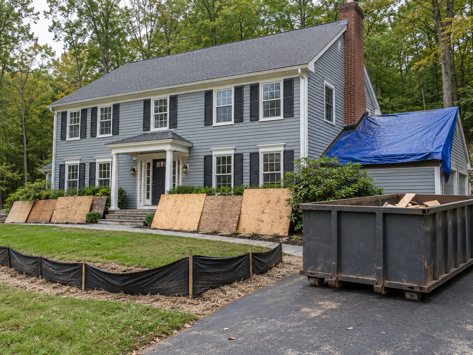 Job site with plywood sheets protecting foundation shrubs, a debris dumpster on the driveway and silt fencing along the lawn edge