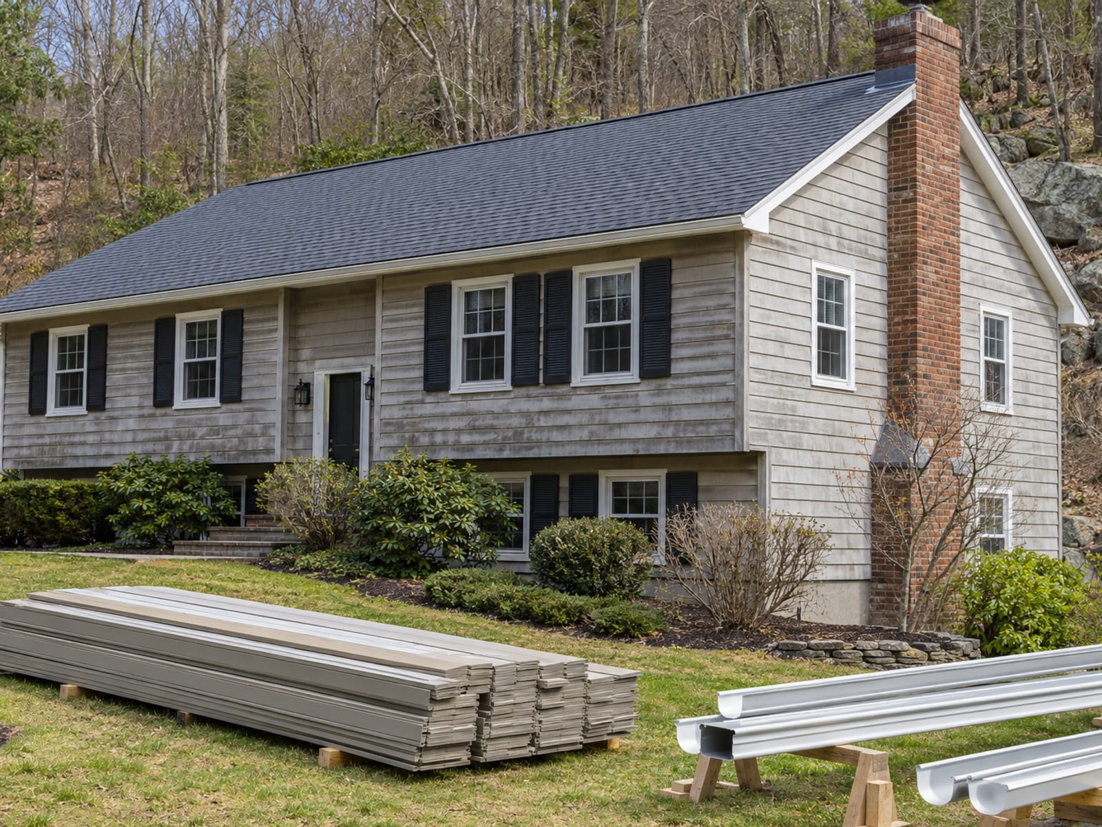 Finished new shingle roof edge with chimney flashing above old siding, with stacked siding bundles and gutter sections staged on the lawn