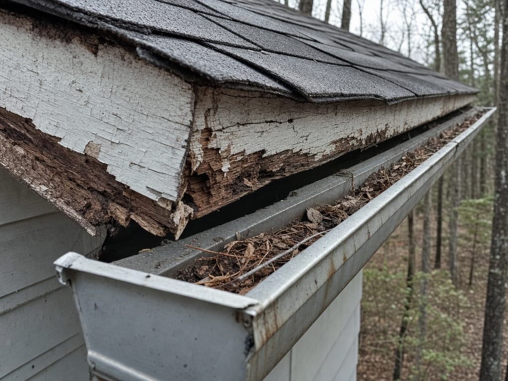 Old gutter sagging and pulling away from the fascia on a wooded home