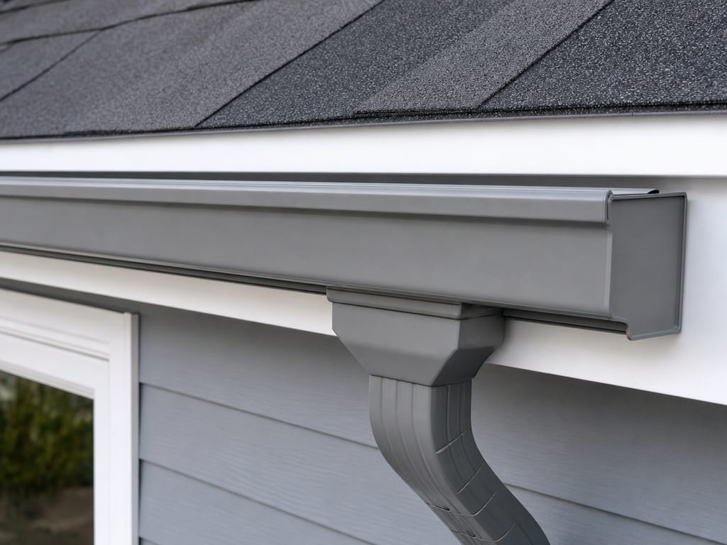 New K-style aluminum gutter and downspout along a home roofline