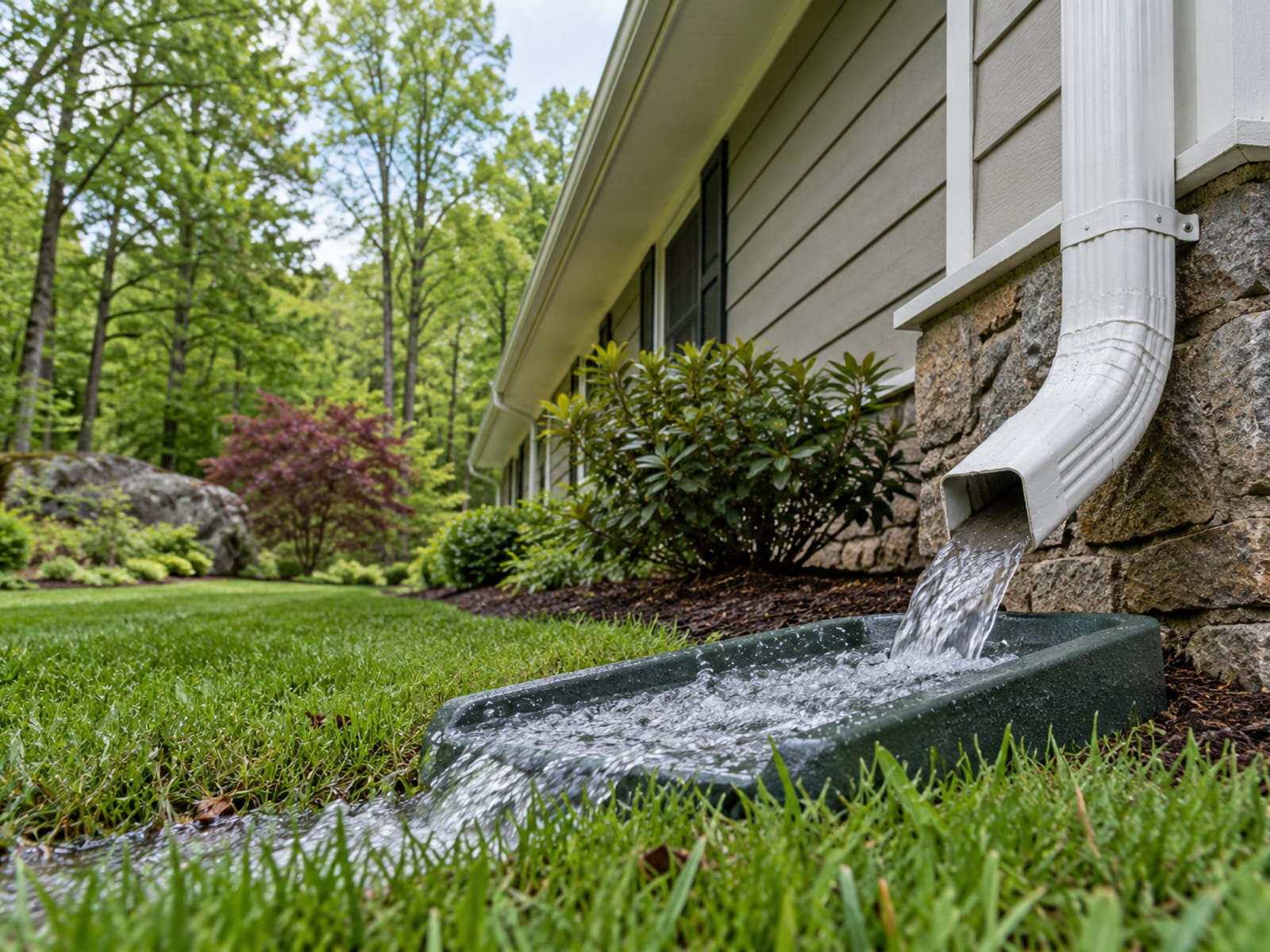 New downspout extension discharging a stream of water onto a splash block, with the long gutter run receding along the eave