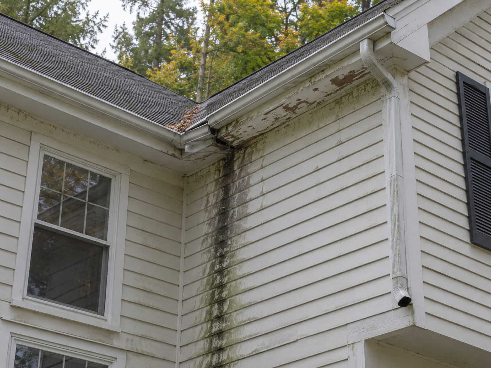 Upper wall of a house with overflow streaks down the siding, a separated gutter joint and stained, damaged fascia