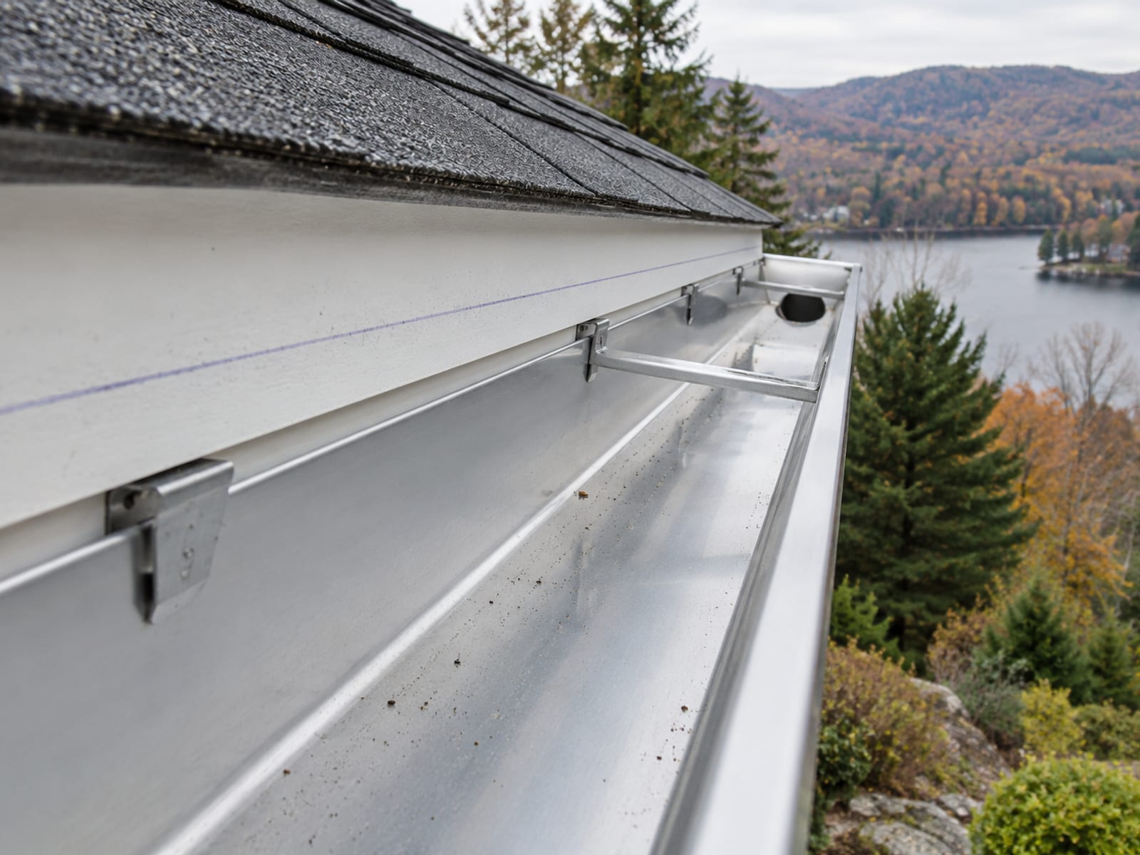 Along a new gutter run hung on fascia, evenly spaced hidden hangers and a cut outlet opening with a slight fall toward it