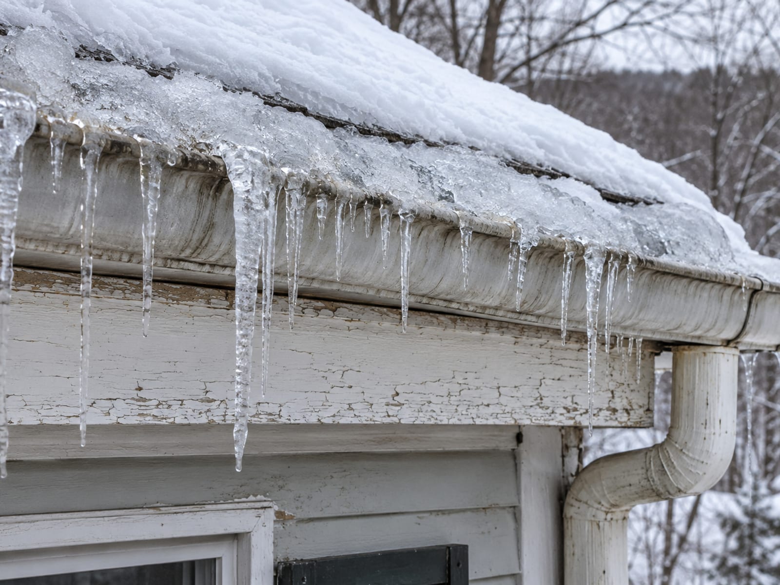 Roof edge of an older house with snow piled on a gutter, long icicles hanging and a slightly bent front lip