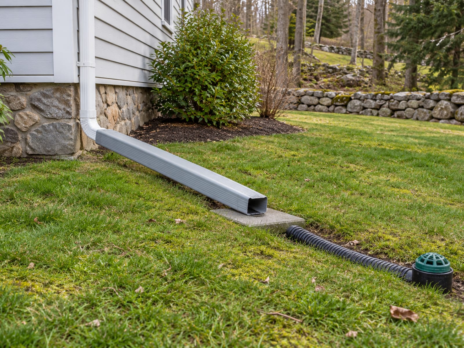 White downspout ending in a long extension and a concrete splash block that carries water across a lawn away from a cape house foundation