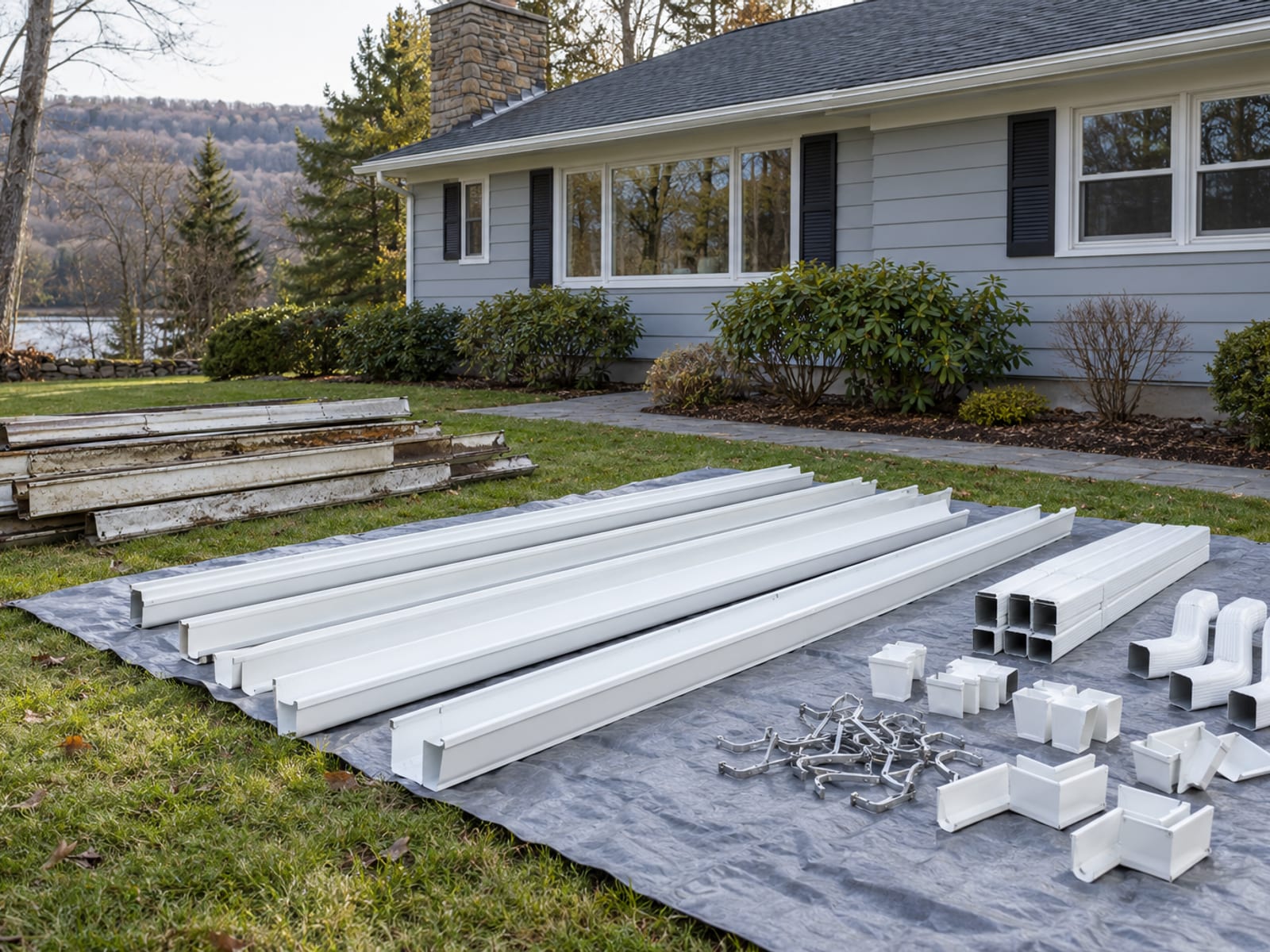 Cut lengths of white K-style gutter beside downspout sections, elbows, outlets, end caps and hangers arranged in tidy groups on a tarp next to a house foundation