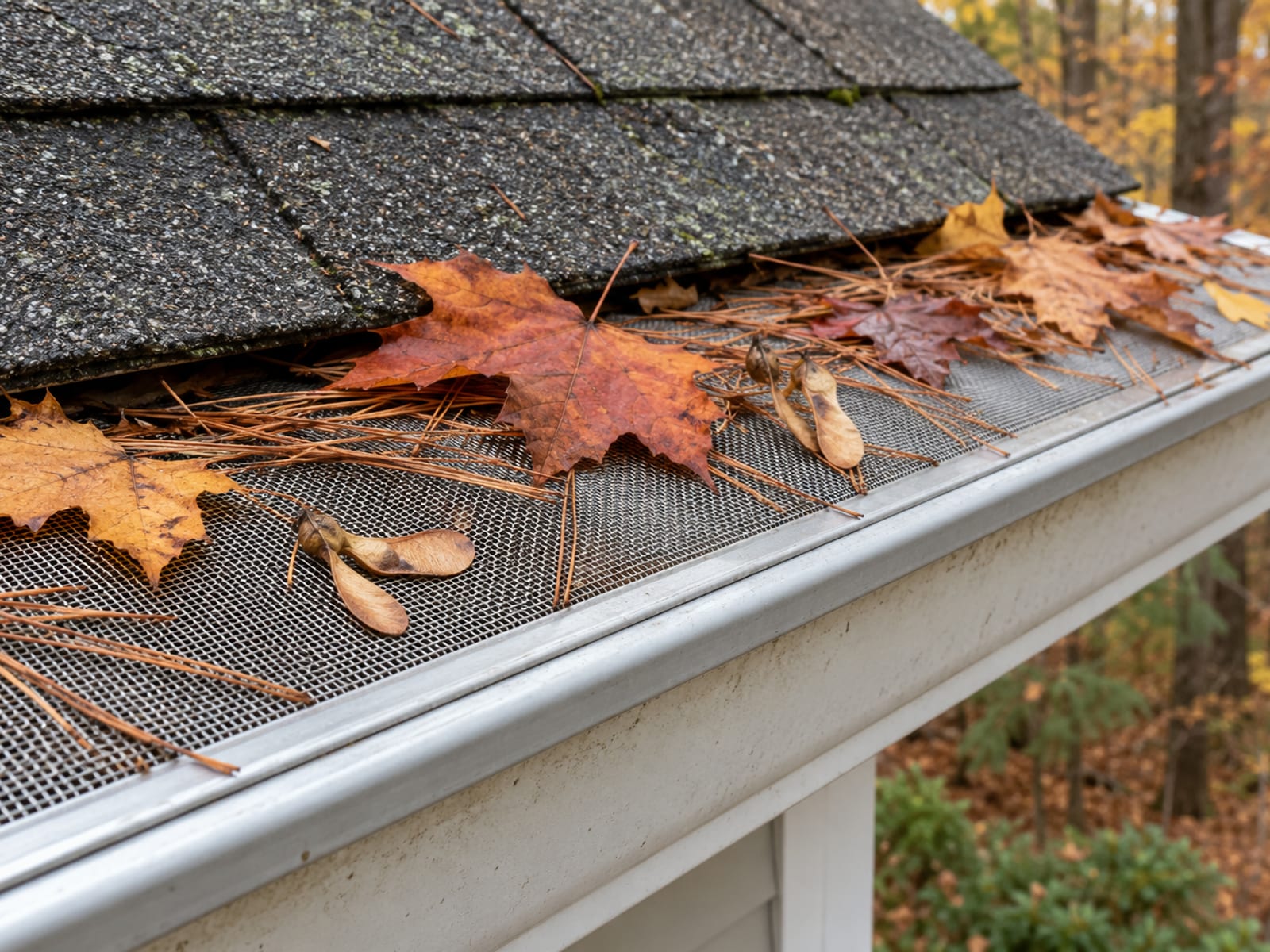 Gutter fitted with a fine micro-mesh guard with fallen maple leaves, pine needles and seedpods resting on top of the mesh