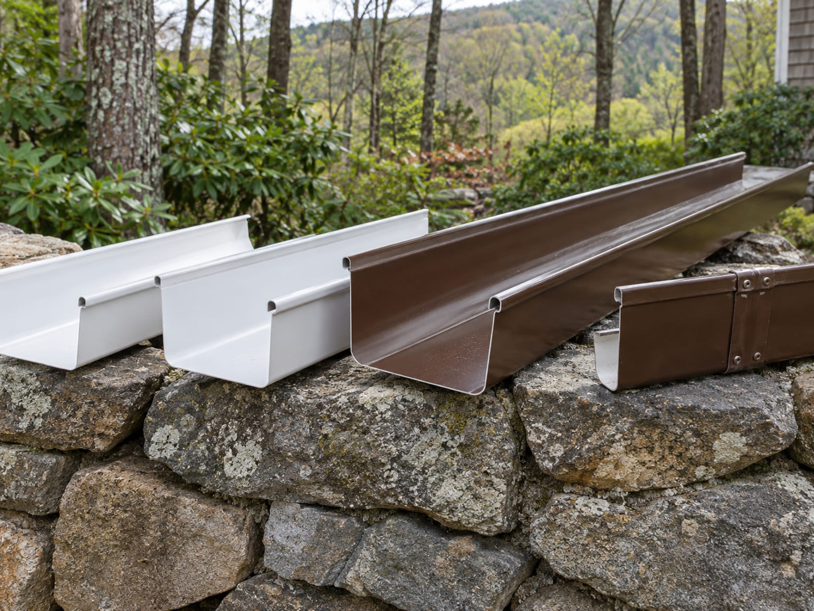 Cut sections of five-inch and six-inch aluminum gutter, a long continuous section and a short sectional piece with a visible seam, resting on a fieldstone wall