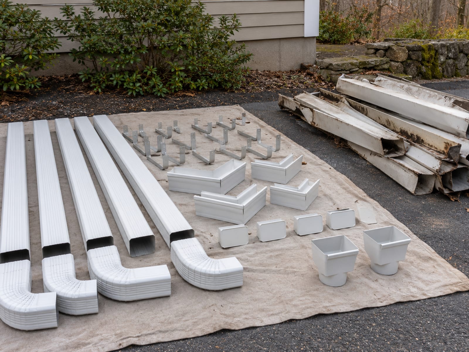 Gutter replacement materials laid out on a drop cloth on a driveway: new hangers, corners, end caps, outlets and downspout lengths beside a neat pile of old gutter sections