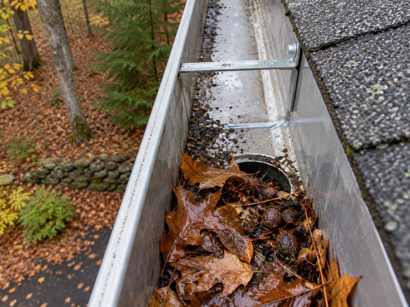 Looking down into a gutter where wet leaves and sediment pack the downspout outlet beside a clean, sealed repaired seam